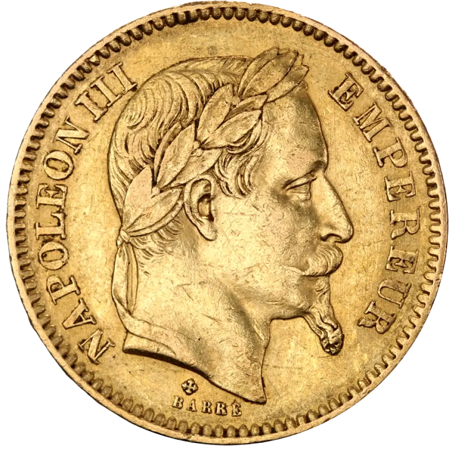 28477c38-ea86-4c86-9a0b-6329b62ca5a1 6.45 гр. златна монета 20 Френски Франка Наполеон III с лавров венец - Image 1